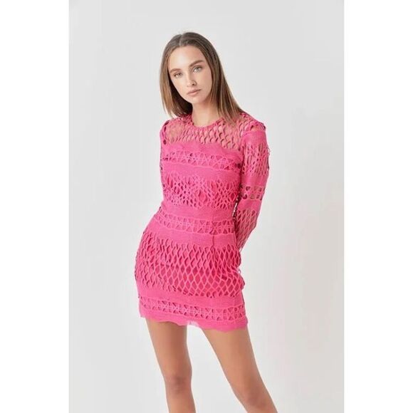 Endless Rose Long Sleeve Crochet Mini Dress in Fuschia, Medium $170 MSRP - Picture 1 of 5